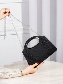 Cartera de Fiesta Dorada con Pedrería Brillante y Asa Metálica Circular, Clutch de Mano Elegante para Boda Cena y Eventos Especiales Moda Mujer - Negro - Ver 3