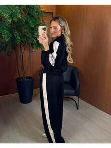 Women's Set: Wide-Leg Pants With Side Stripe, Aerolook Jacket With Zipper, Casual Winter Fashion, Comfortable Blogger Outfit, Airport Style - màu đen - Xem 3