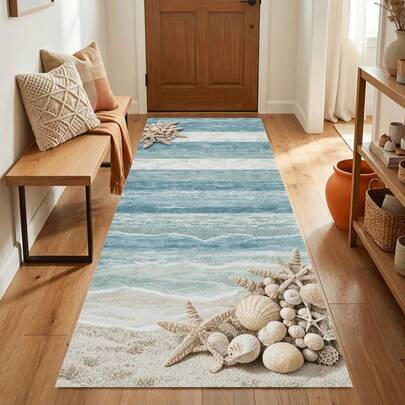 1 pieza Alfombra con diseño de ola oceánica costera, decoración náutica con estrellas de mar y conchas marinas para pasillo y cocina, ideal como regalo, decoración de verano