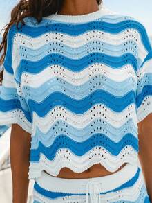 Bộ đồ nữ thời trang gồm áo len crop top kẻ sọc lượn sóng xuyên thấu và quần short dệt kim có dây rút viền bèo nhún, thích hợp cho kỳ nghỉ hè. - Màu xanh lam - Xem 6