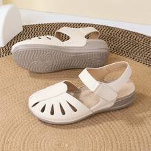 1 Pair Lightweight, Comfortable, Commute-Friendly Handmade Slip-On Wedge Sandals With Toe Protection, Lychee Textured Material, Women's Hook And Loop Sandals - Beige - View 3