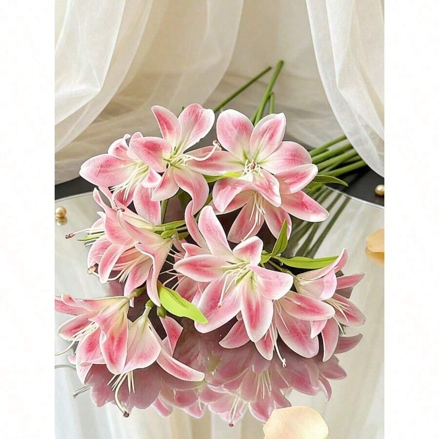 34cm Artificial Pink Lily Flower, Silk Fake Flower For Home Decor, Wedding Bouquet, Birthday Party, Dining Table, Garden, Wedding Decoration, Bridal Bouquet, Silk Lily Flower - 粉色 - 查看 1