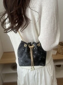 Fashionable Solid Color Chain Strap Mini Bucket Crossbody Bag - Black - View 4