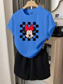 2pcs Tween Girl Disney Classic Minnie Mouse Black & White Checkered Unisex Kids T-Shirt & Shorts Set, Pure Cotton, Breathable, Summer Casual Style, Children's Sporty Cartoon Print T-Shirt Set, Suitable For Daily Wear, Versatile And Not Stuffy, Ideal For Spring And Summer Wear, Vacations, Outdoor Activities, Amusement Park Outfits, And Can Also Be Used As Children's Gifts. - Nhiều màu - Xem 2