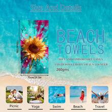 1pc Tie-Dye Sunflower Pattern Beach Towel, Super Soft Microfiber Extra Large Beach Blanket, Highly Absorbent Bath Towel, Suitable For Travel, Swimming Pool, Diving, Surfing, Yoga, Camping, Available In Multiple Sizes, Beach Accessory - Cadet Blue - View 15