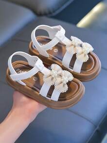 儿童凉鞋，新款夏季软底防滑蝴蝶结公主凉鞋，时尚可爱室内日常沙滩凉鞋 - 白色 - 查看 3