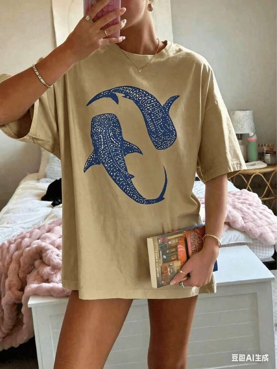 Women's High-Quality T-Shirt Summer Clothing, 2026 Letter Print Summer Women's High-Quality Thick Heavy Oversized Vintage Distressed Pure Cotton Wash - 駝色 - 查看 1