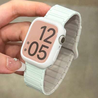 1Set Two-Color Magnetic Buckle Silicone Strap + Watch Case Compatible With Apple Watch Band 46mm 38mm 40mm 41mm 42mm 44mm 45mm 49mm Cute Girl Candy Color Wristband With Protective Cover Compatible With IWatch Series 11 10 9 8 7 6 5 SE Ultra 2