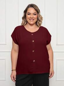 ONLYONE - DUNAS WOMEN'S PLUS SIZE BLOUSE WITH SHORT SLEEVES AND FRONT BUTTONS - PLUS SIZE BLOUSES G1 G2 G3 - Redwood - View 5