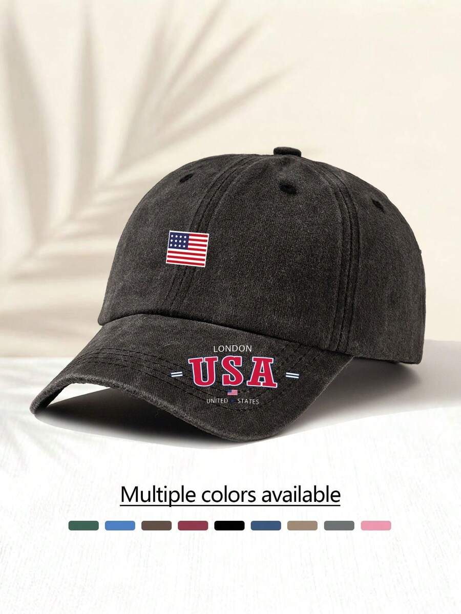 1 pieza Gorra de béisbol lavada de moda versátil y casual con estampado de "Bandera de LONDRES EE. UU.", artículo de estilo esencial, adecuado para todas las estaciones, gran regalo para familiares y amigos, playa, vacaciones