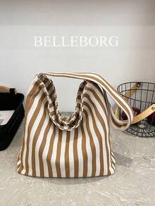 Striped Minimalist Lightweight Large Capacity Foldable Canvas Tote Bag, Versatile Shoulder Bag For Women - Khaki - View 7