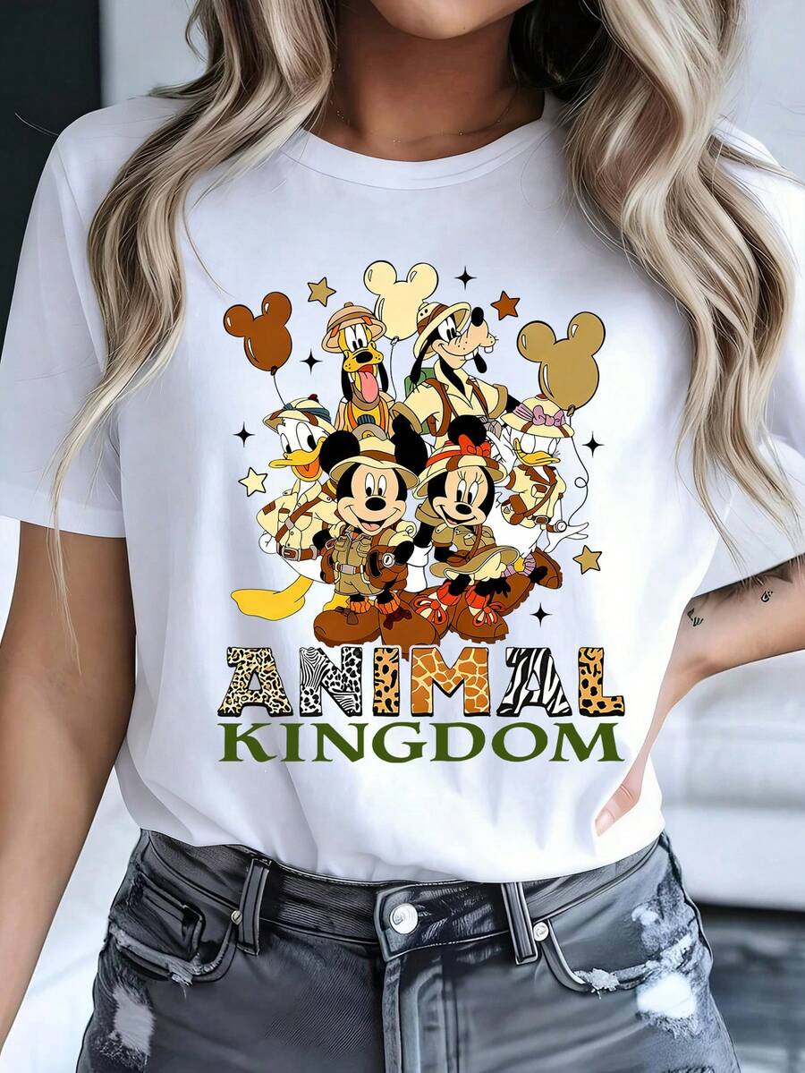 Women's Disney Animal Kingdom Cotton T-Shirt, Casual Short Sleeve Round Neck Tee Top With Mickey Mouse And Friends Print - trắng - Xem 1