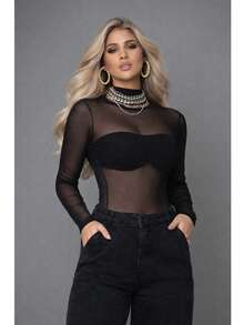 Women's Tulle Bodysuit With Long Sleeves, High Neck, Transparent, Elegant, Fitted, Women's Fashion - 黑色 - 查看 1