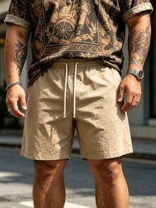 Plus Size Men's Solid Color Casual Street Sports Shorts With Pockets, Men's Loose Straight Leg Casual Pants, Gift For Husband Summer - Khaki - View 4