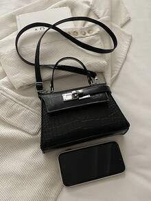 女士鳄鱼纹压花手提包，新款时尚简约高品质别致单肩斜挎包 - 黑色 - 查看 4