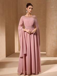 YISIKADO Vestido de mujer con decoración de strass, cuello redondo, de gasa, manga larga con vuelo asimétrico, vestido de noche formal para boda y fiesta de otoño - Rosa vieja - Ver 6