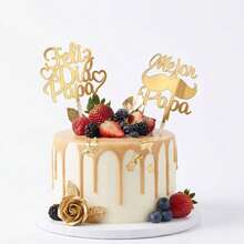 1 pièce/Ensemble de 3 pièces Ensemble de décorations de gâteau en acrylique doré "Feliz Dia Papa" et "Feliz Dia Mama" en espagnol - Fournitures pour fête de la Fête des Pères et de la Fête des Mères en Amérique latine - multicolore - Voir 2