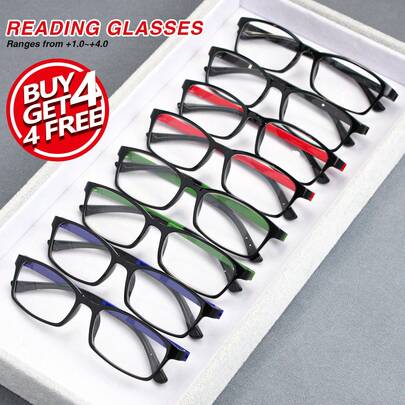 8pcs Classic Small Square Reading Glasses Set, Ultra-Light Frame For Comfortable Wear, Flexible Temples For All-Day Use, Essential Daily Work Glasses For Men And Women