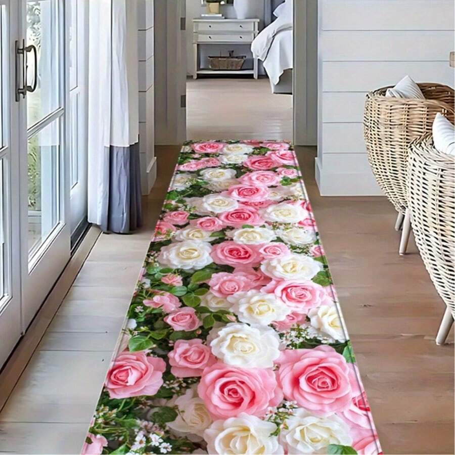 1pc Thick Rose Floral Rug, Suitable For Hallway, Bathroom Anti-Slip Mat, Indoor Entrance, Bedroom Bedside, Kitchen, Soft Thick Bath Mat