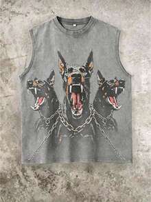 Men's Printed Vintage Washed Vest, Loose Fit, Casual Street Style, An Essential Everyday Item - Xám - Xem 1