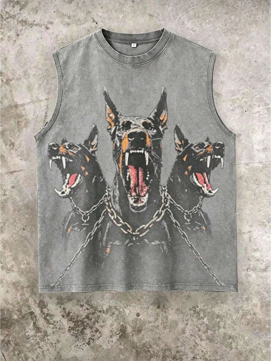 Men's Printed Vintage Washed Vest, Loose Fit, Casual Street Style, An Essential Everyday Item - Xám - Xem 1
