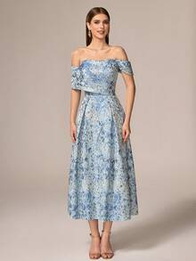 VIPGIRL Đầm dạ hội sang trọng, thiết kế mới nhất, chất liệu satin jacquard màu xanh nhạt, xếp ly thanh lịch, thích hợp cho các bữa tiệc. - Màu xanh nhạt - Xem 4