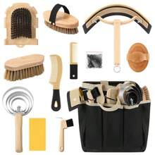 12 Pieces Horse Grooming Kit With Organizer Tote Bag Tack Room Plies Horse Brush Sets Equine Care Cleaning Kit Shedding Grooming Massaging Tools - Khaki and Black - View 1