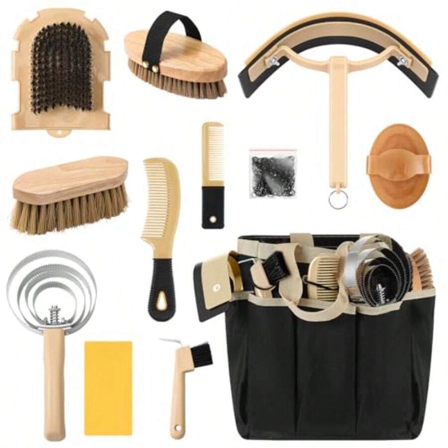 12 Pieces Horse Grooming Kit With Organizer Tote Bag Tack Room Plies Horse Brush Sets Equine Care Cleaning Kit Shedding Grooming Massaging Tools - Khaki and Black - View 1