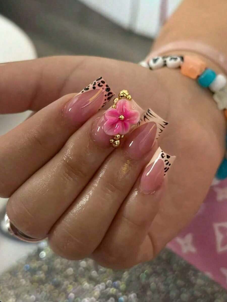 [Valentine's Day Gift]10pcs Y2K Style| Black Pattern + Pink Flower Press On Nails| Handmade French Square Nails| Fake Nails Adorned With 3D Flowers, Black Textures & Gold Accents| Sweet & Eye Catching, All-Season Must-Have Nails| Perfect For Work, Parties & Daily Wear| Best Gift For Women & Girls Nail Supplies Handmade Press On Nails - Nhiều màu - Xem 1