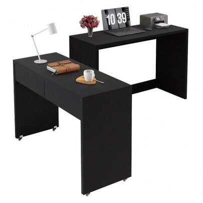 Desk With Shelves + Drawer Unit: 2-In-1 Compact Desk, Extendable, The Entire Table Is Made Of 1.8 Cm Thick Wood, Equipped With Wheels, Flexibly Combinable, Foldable Desk.