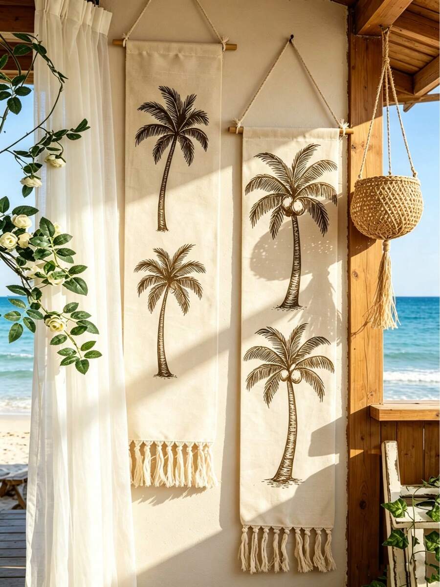 1pc Boho Tropical Palm Tree Print Wall Hanging Tapestry, Vertical Narrow Fringe Tapestry, Suitable For Bedroom, Bathroom, Living Room Wall Decor (Fringe Quantity Random)