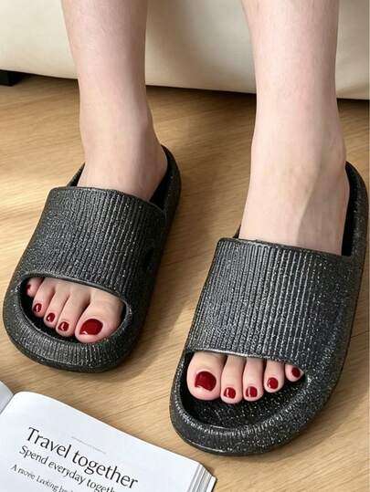 Men's Summer New Letter Striped Slippers, EVA Anti-Odor Antibacterial Foot Protection Open Toe Thick Sole Casual Sandals, Black Classic Versatile Hot Selling Unisex Slippers For All Seasons