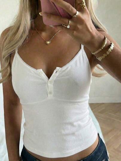 Sunny Girly Summer Women's Y2K Solid Color Cami Top With Button-Down Half Placket, White Top For Back To School, Street Style, Commute & Loungewear