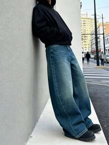 Men's Y2K Solid Color Washed Denim Straight Leg Casual Loose Wide Leg Pants - Dark Wash - View 4