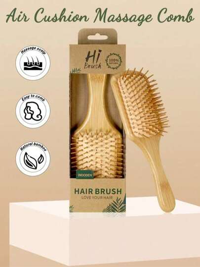 1 pieza Peine de bambú con cojín de aire grande, Cepillo de bambú con mango, Peine de bambú natural, Cepillo de paleta para desenredar, Apto para hombres y mujeres, Cepillo de masaje portátil para el cuero cabelludo para cabello fino/rizado/seco