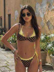 New Spring/Summer Retro Yellow-Brown Polka Dot Splice Color Halter Casual Sexy Elegant Bikini Swimsuit Set, Suitable For Beach, Vacation, Party - Multicolor - View 2