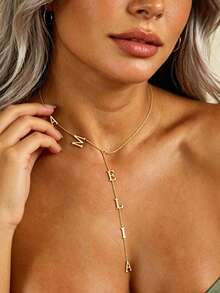 1pc 18K Gold Stainless Steel Jewelry, Tie Necklace, Delicate Pendant Name Necklace, Long Y-Shaped Necklace, Letter Necklace, Customizable Letter Necklace, Comes With Elegant Gift Box, Suitable For Daily Wear, Valentine's Day Gift, Gift For Family And Friends (Letters Will Be Automatically Converted To Uppercase) - Golden Y-chain - View 3