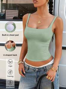 Camiseta sin mangas de verano casual de unicolor para mujer Aoqta, con espalda descubierta y almohadilla en el pecho, ajuste ceñido, adecuada para yoga, correr, entrenamiento y uso diario - Verde - Ver 15