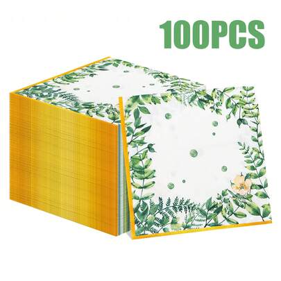 100/60/20张装 13*13英寸 一次性清新绿色植物印花餐巾纸，以桉树叶、蕨类等清新绿色植物为特色，搭配浅黄色花朵和浅绿色圆点图案，适用于家庭聚会、野餐、下午茶、咖啡馆、花园派对、森林主题派对、生日派对、婚宴和餐厅装饰。