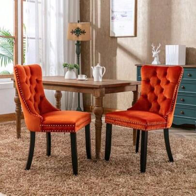 Nikki Collection Modern, High-End Tufted Solid Wood Contemporary Velvet Upholstered Dining Chair With Wood Legs Nailhead Trim 2-Pcs Set, Orange, DE2001OG