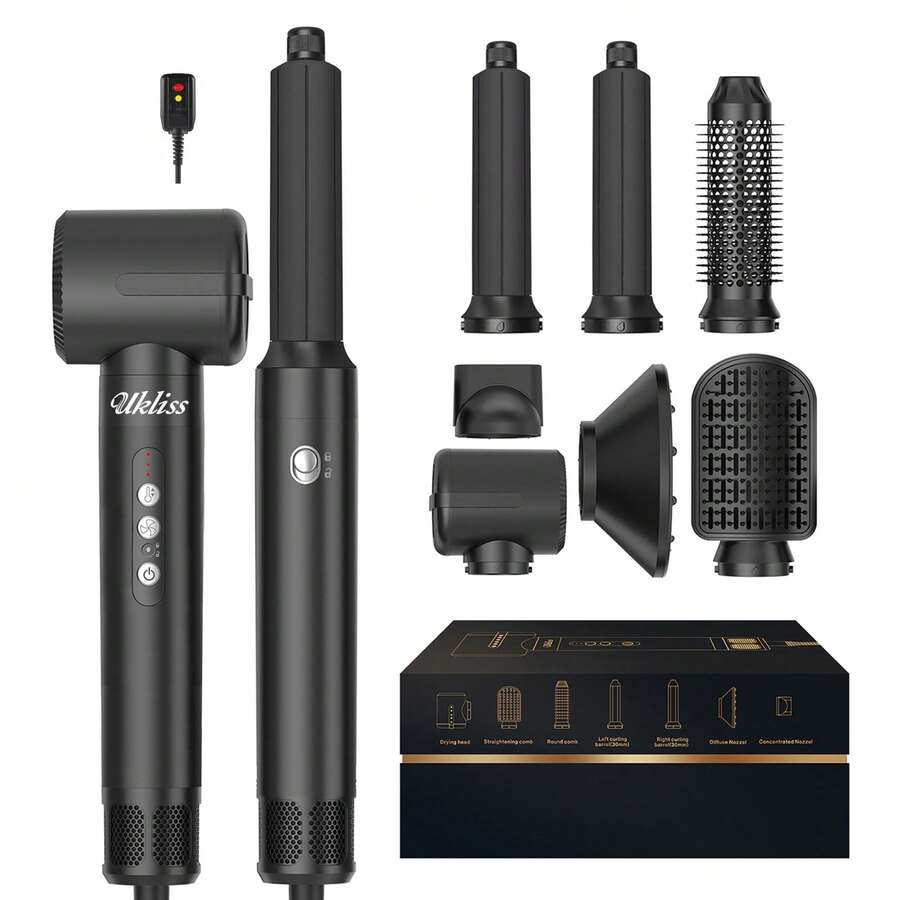 7-In-1 Multifunctional Black Hot Air Brush Set, Fast Hair Drying & Styling Tool With 3 Temperature/3 Speed Settings, Low Noise, Portable For Travel, Ideal Christmas Gift For Curling/Straightening/Hair Care - Xem 1