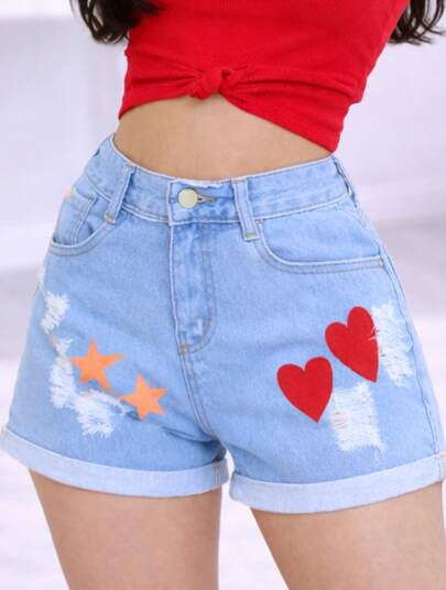Short Jeans Juvenil Menina Estampa Corações e Estrelas Lavagem Clara Cintura Alta Casual Moda Verão