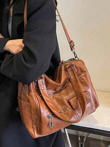 1个复古大容量手提包，复古PU斜挎单肩包，女士休闲手提包和钱包套装，适合学校/学院必备物品，街头和日系时尚大包，女士必备 - 棕色 - 查看 3