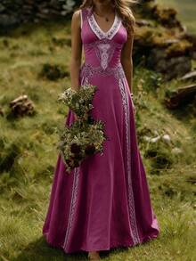 Women's Retro Fashion Viking Celtic Art V-Neck Sleeveless Long Dress - 酒紅色 - 查看 6
