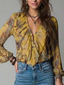 Vintage French Vacation Style Elegant Chiffon Allover Print Deep V-Neck Zipper Ruffle Sleeve Women Blouse Summer - Amarillo - Ver 2