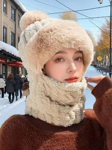 1. 女士帽子围巾一体式毛绒帽，冬季户外防风保暖帽 - 多色 - 查看 4