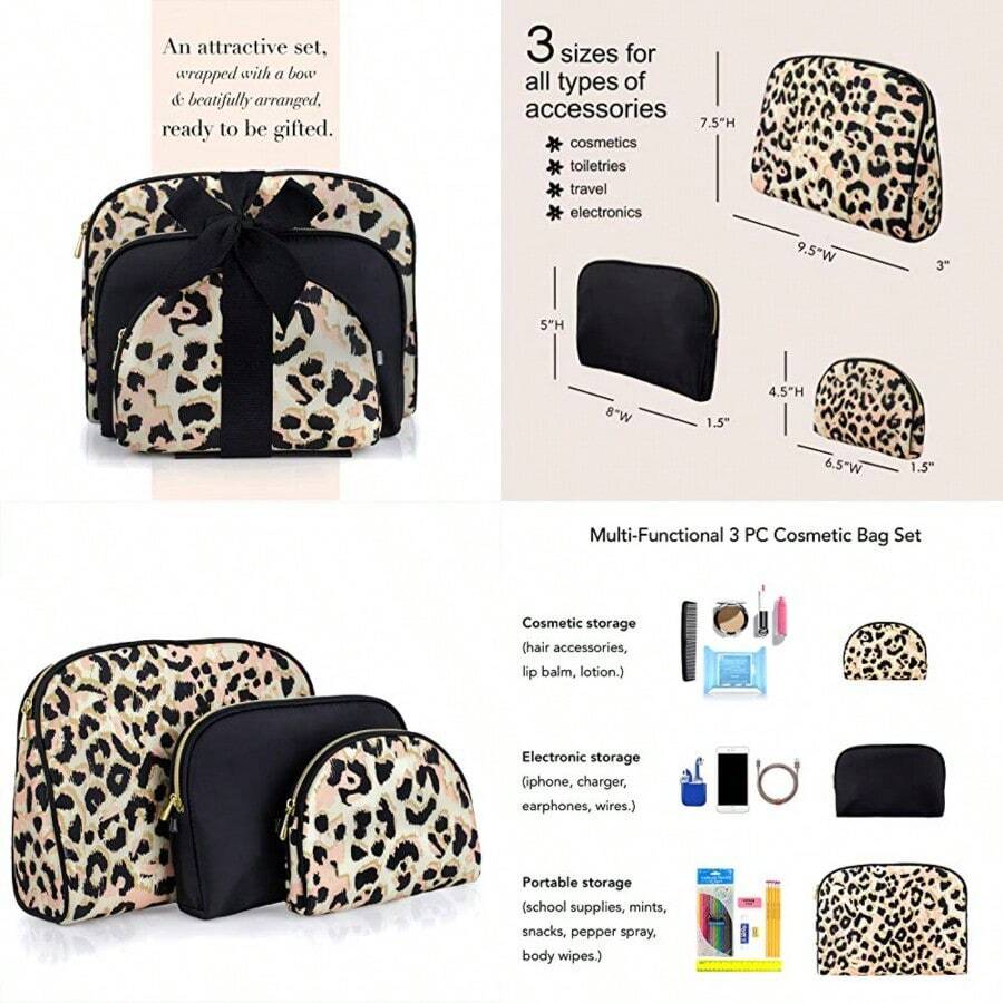 Cosmetic Bag 3 Piece Set Makeup Organizer Toiletry Pouch for Brushes Pencil Case Accessories Travel Girls Gift Idea Black and Leopard - como en la foto - Ver 1