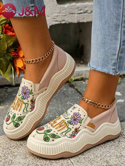 J&M 1 Pair Women Casual Slip-On Platform Shoes, Breathable Canvas With Fun Graphic Pattern, Non-Slip Wavy Sole For Walking, Travel & Daily Wear