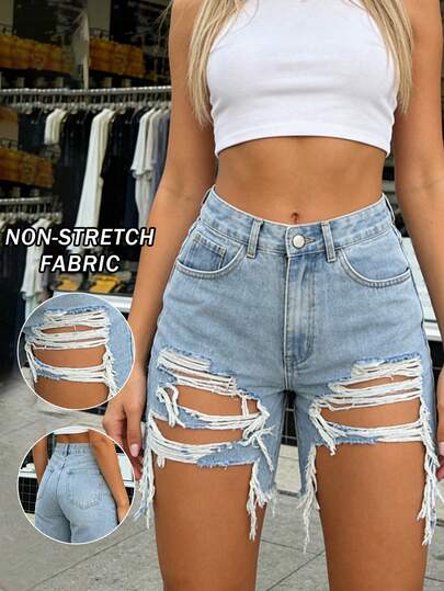 NVFelix 女士破洞直筒牛仔短裤，浅色水洗，百慕大风格，优雅休闲，Y2K街头风，无弹力，适合春夏穿着。