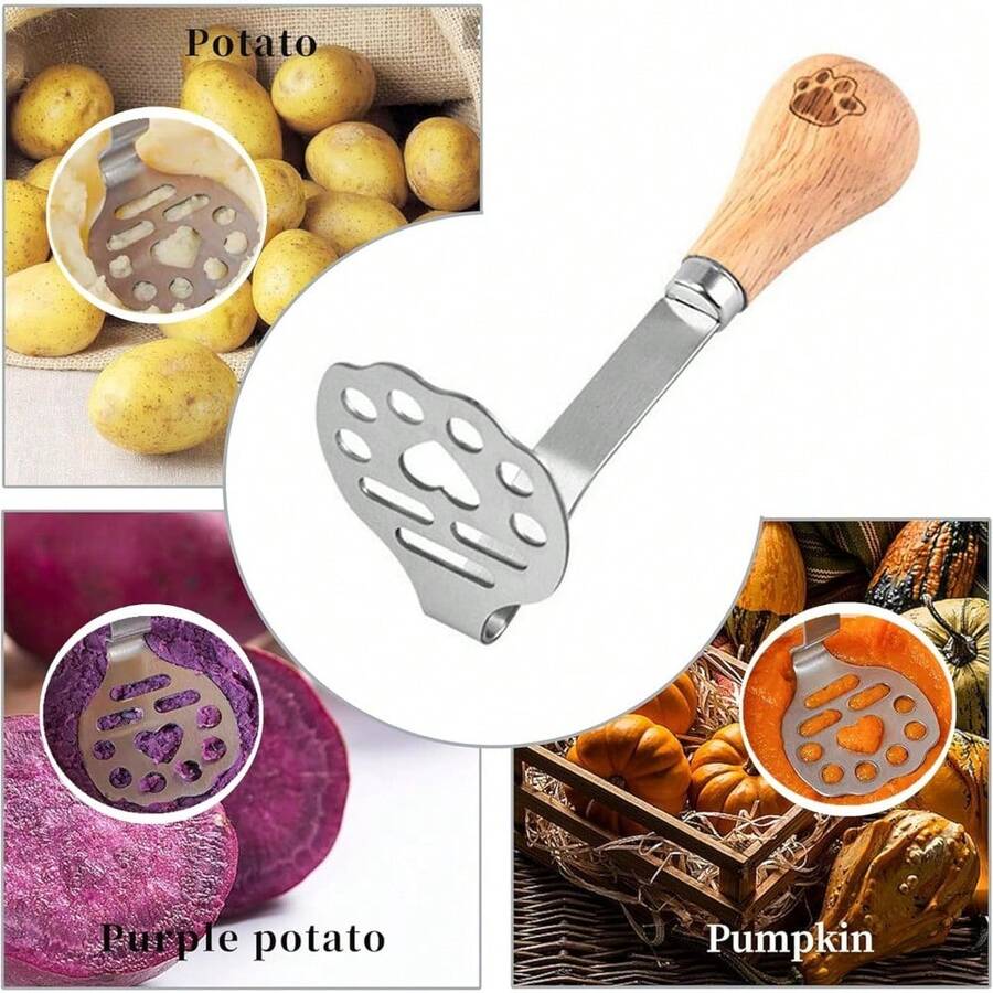 1/2 piezas Machacador de aguacate de acero inoxidable creativo con mango de madera ergonómico, machacador de patatas herramienta de cocina - plata - Ver 1